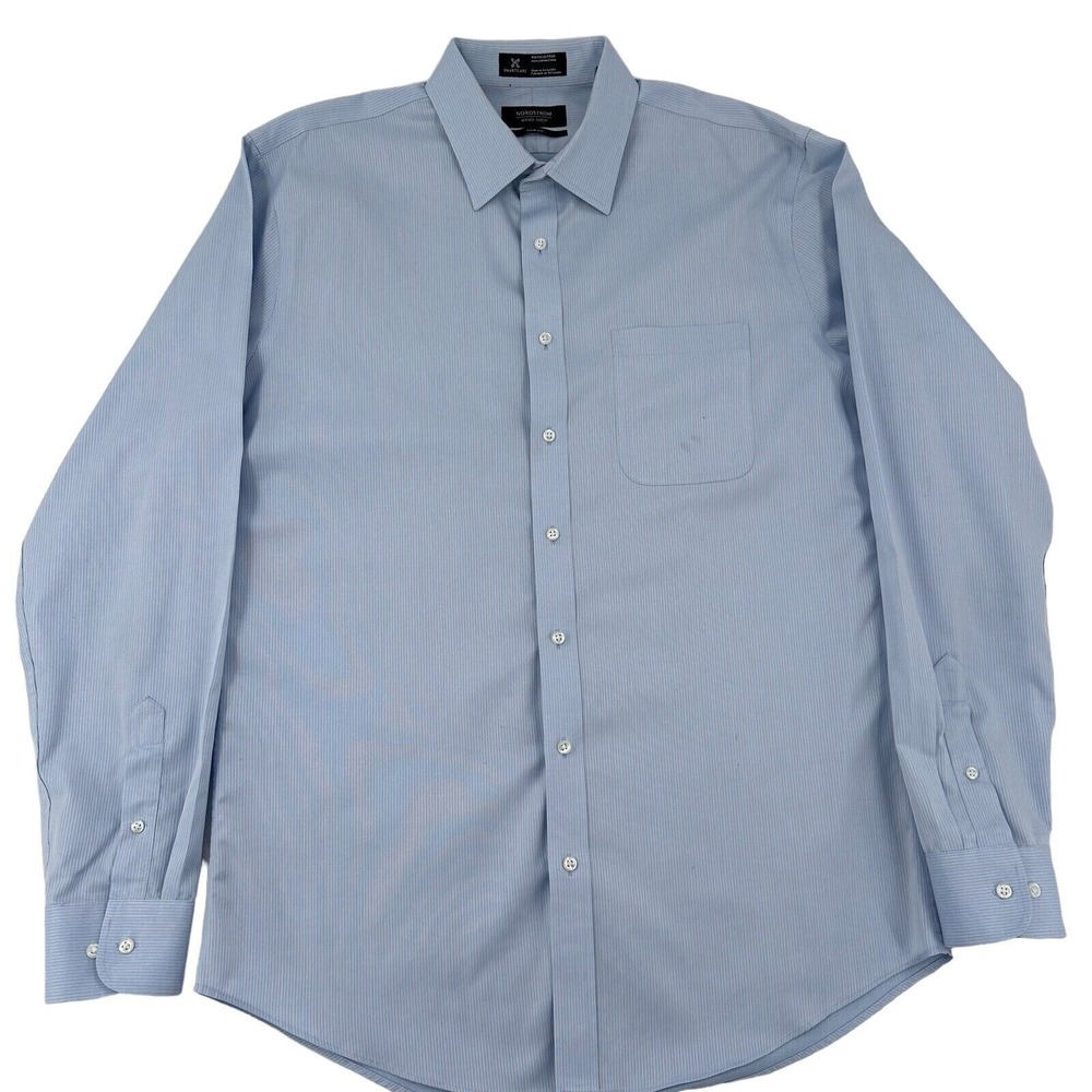 Nordstrom Men Shop Smartcare Dress Shirt Blue Stripe Trim Fit Cotton 16.5 36-37